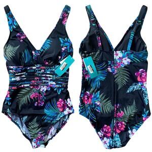 NEW AQUA GREEN Tropical V Neck One Piece Swimsuit Black Blue Size Medium